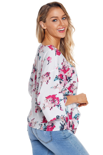 White Floral Print Tie Front Kimono Sleeve Blouse