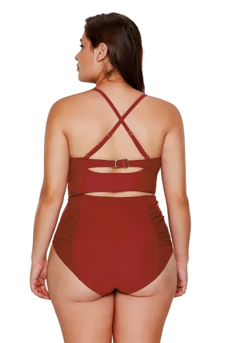Red Strappy Neck Detail High Waist Swimsuit