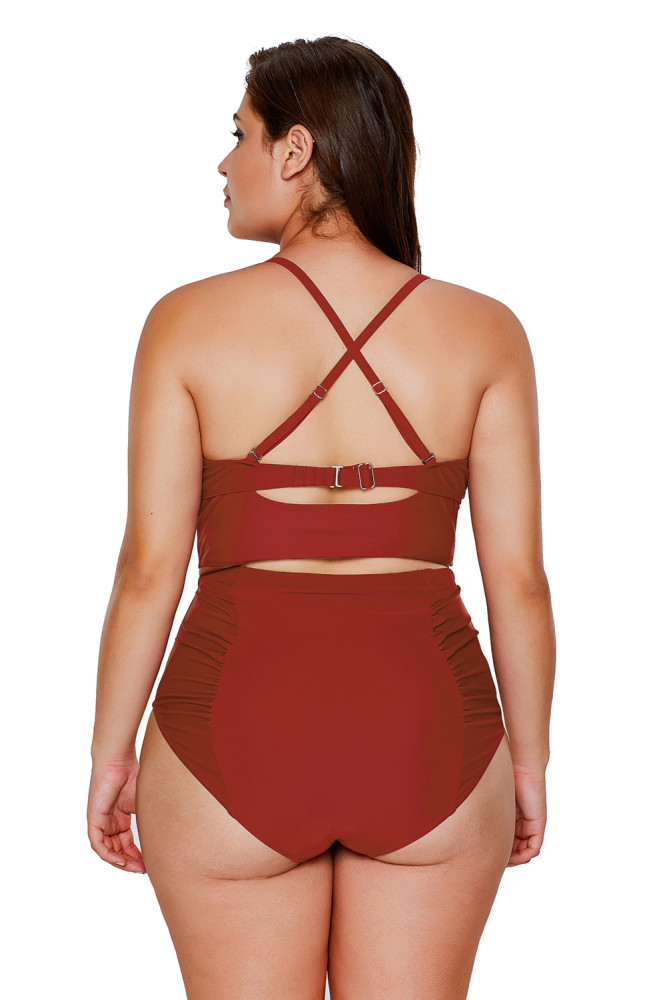 Red Strappy Neck Detail High Waist Swimsuit
