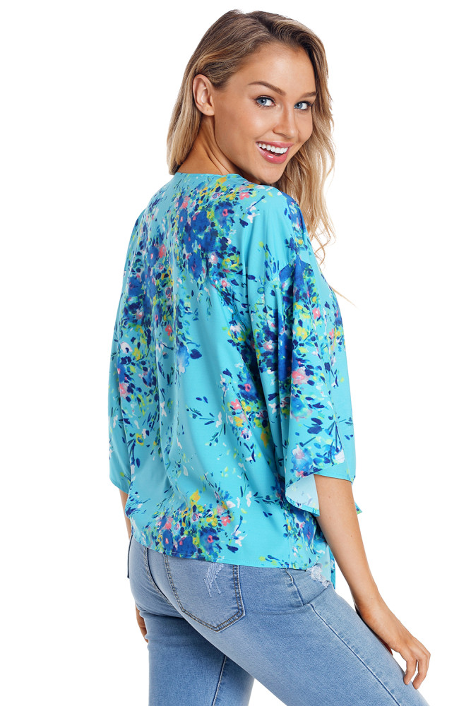Turquoise Flowerlet Print Tie Front Kimono Sleeve Blouse