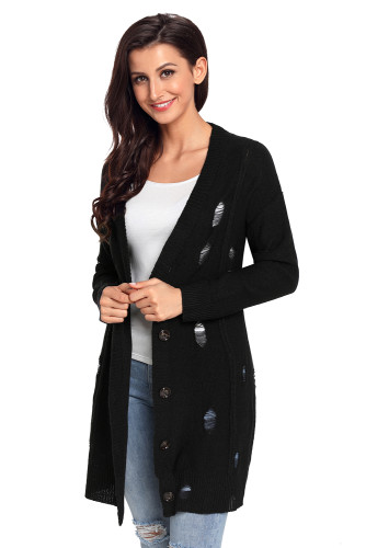 Black Distressed Button Cardigan