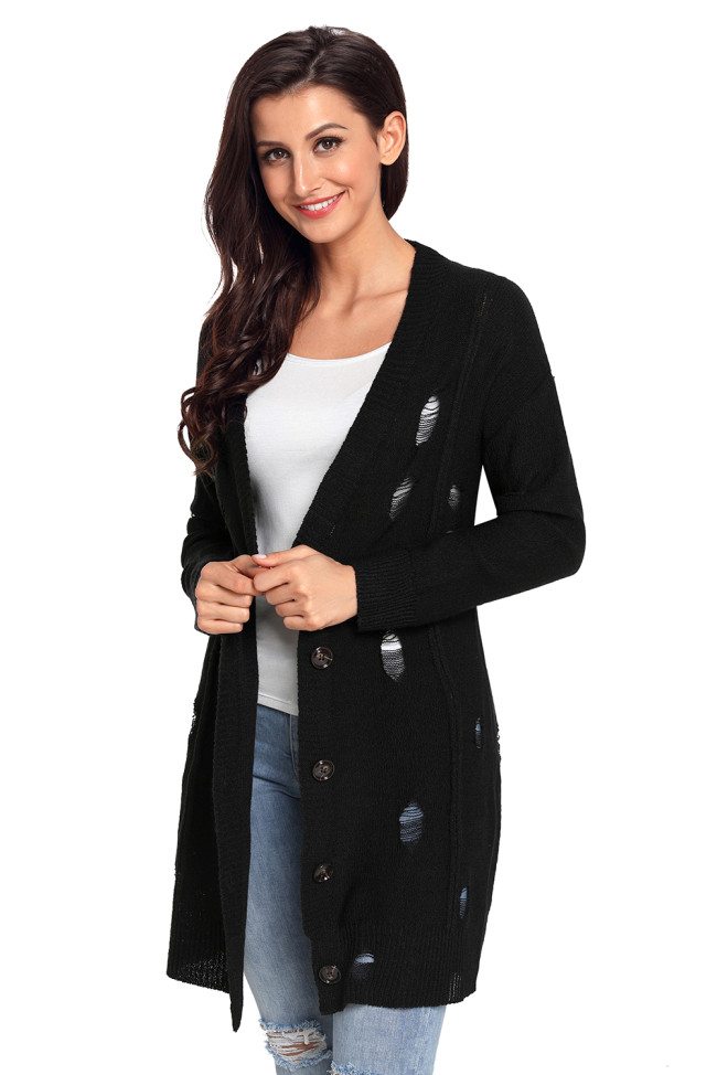 Black Distressed Button Cardigan