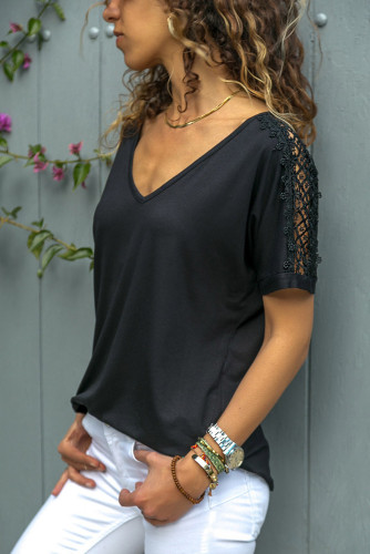 Black V Neck Lace Splicing Short Sleeve Shirt