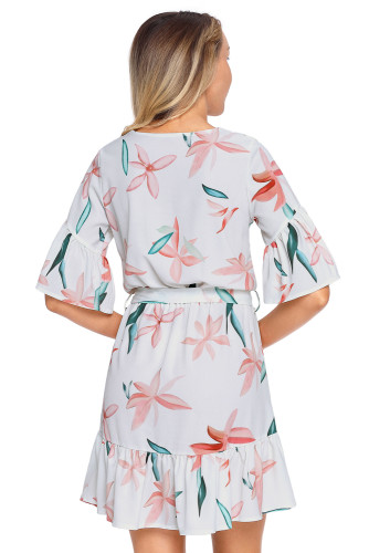 Pink Floral Pattern Ruffle Hem Chiffon Dress