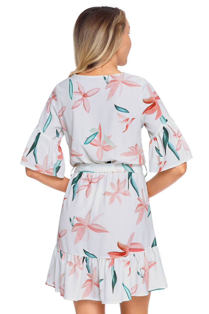 Pink Floral Pattern Ruffle Hem Chiffon Dress
