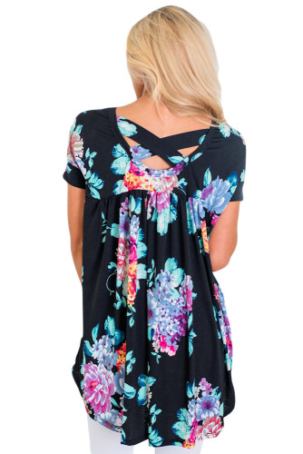 Black Floral Print Criss Cross Back Top