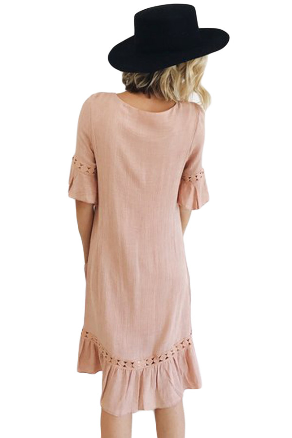 Blush Pink Half Sleeves Wide Ruffle Hem Midi Dress