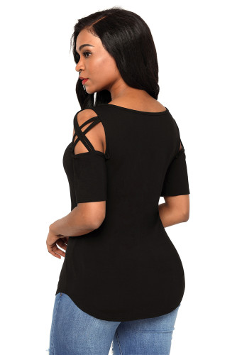 Black Crisscross Cold Shoulder Short Sleeve Shirt