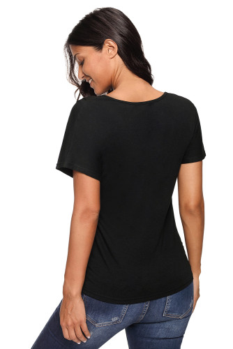 Black V-Neck Twist Ruched Basic Short Sleeve Tee