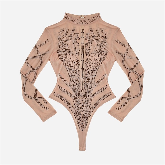 Khaki Black Rhinestone Faux Bustier Mesh Long Sleeves Bodysuit