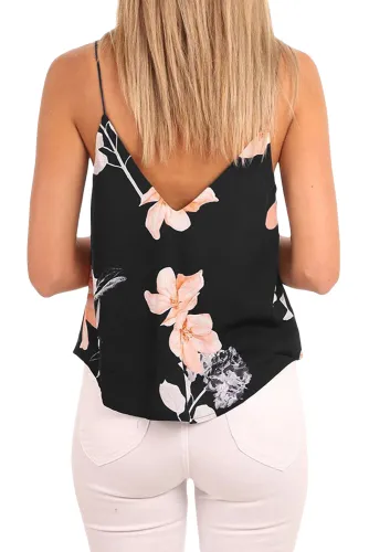 Black V Neck Spaghetti Strap Floral Printed Tank Top