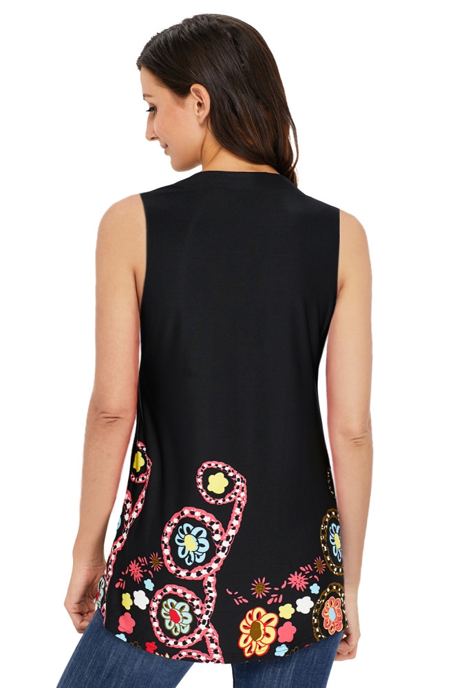 Cute Floral Print Black Ruched Tank Top