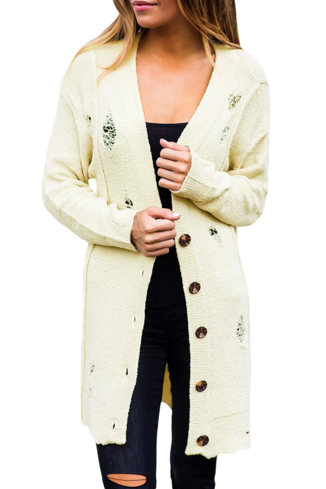 Beige Distressed Button Cardigan
