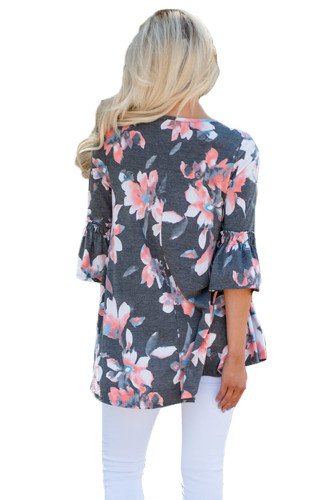 Mid Length Bell Sleeve Charcoal Floral Blouse