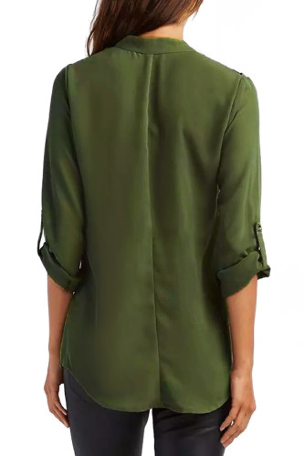 Hunter Green Crisscross Shoulder Detail Roll Tab Blouse
