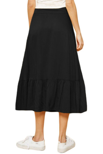 Lace-up High Waist Black Ruffle Hem A-line Skirt