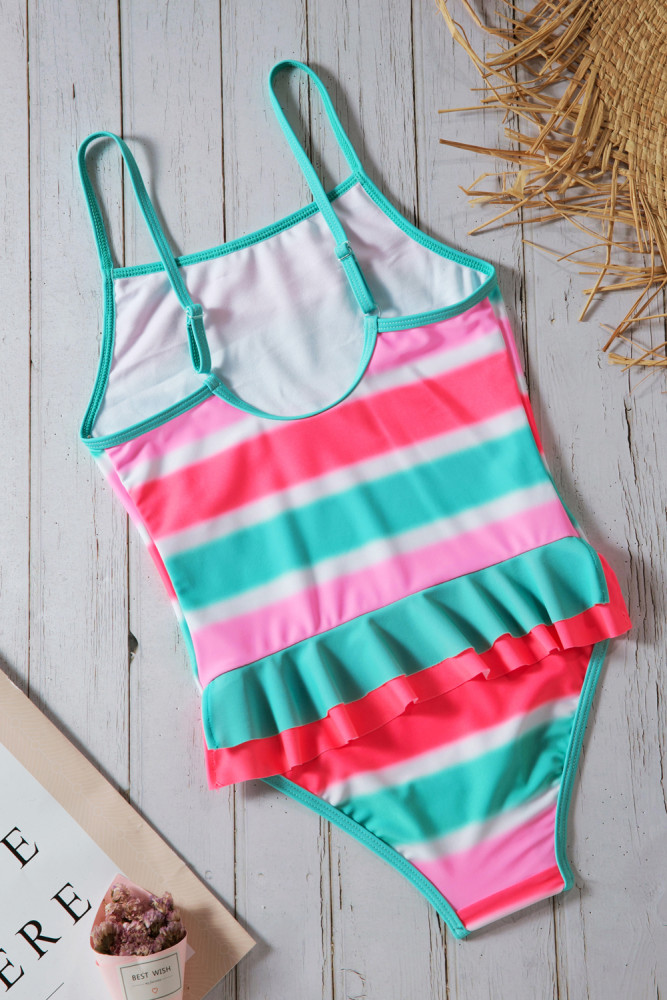 Neon Multicolor Striped Ruffle Trim Girls’ Teddy Swimsuit