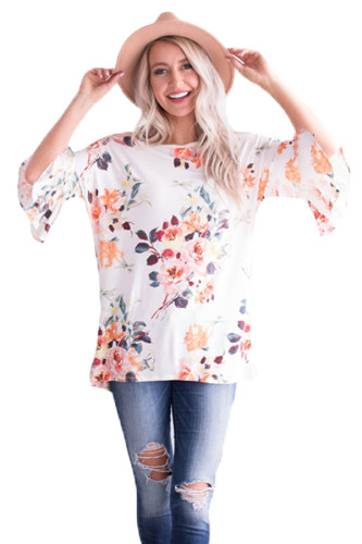 Mid Length Bell Sleeve White Coral Floral Blouse