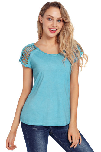 Blue Ripped Hollow Out Shoulder Tie Dye T-Shirt Top