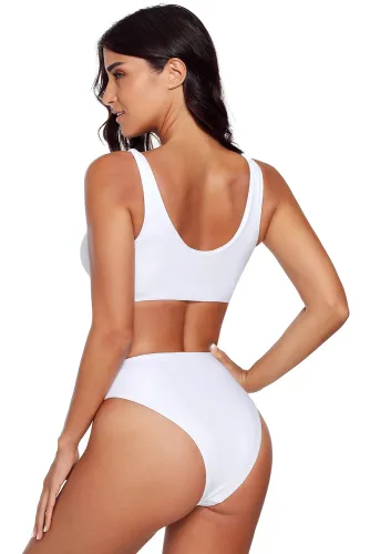 White Zip Front 2pcs Bikini Sporty Swimsuit