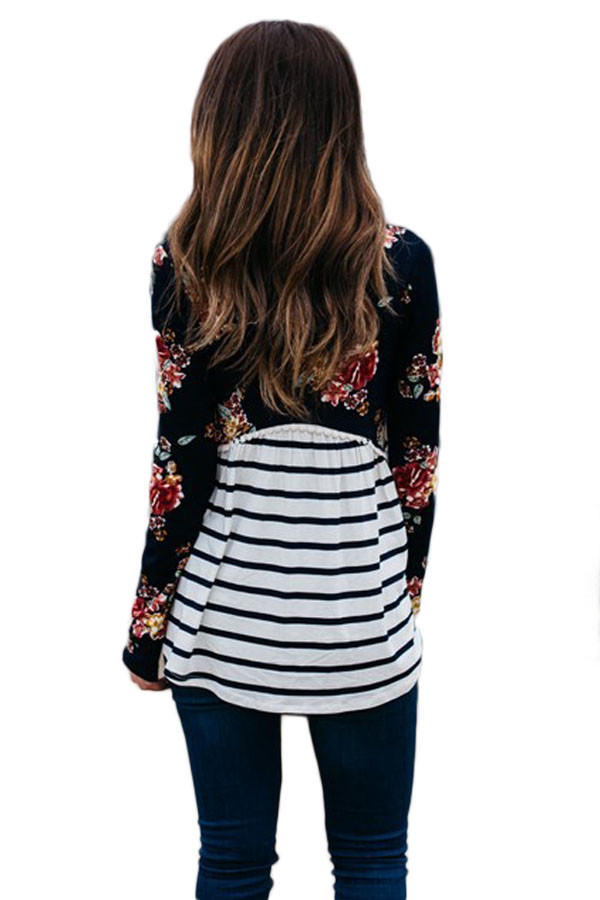 Black Floral Striped Babydoll Tunic