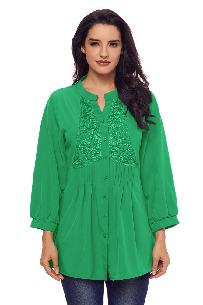Green Lace and Pleated Detail Button up Blouse