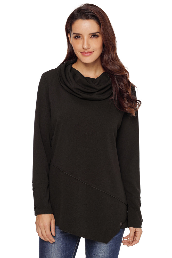 Black Button Detail Asymmetric Cowl Neck Sweatshirt