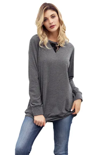 Lace Cutout Insert Charcoal Long Sleeve Sweatshirt