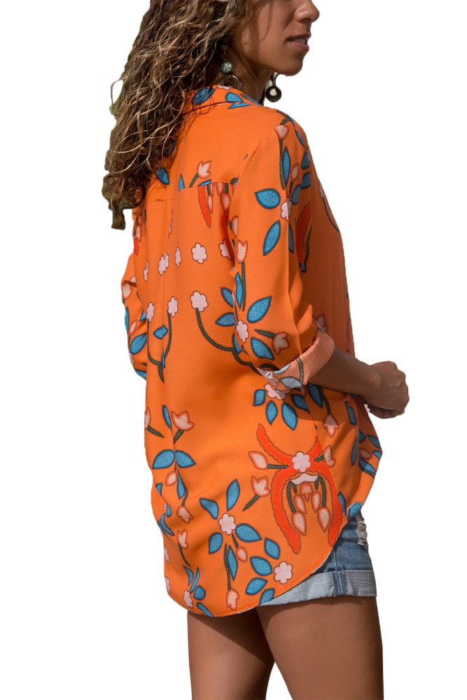 Orange Long Sleeve Floral Print Button Front Shirt
