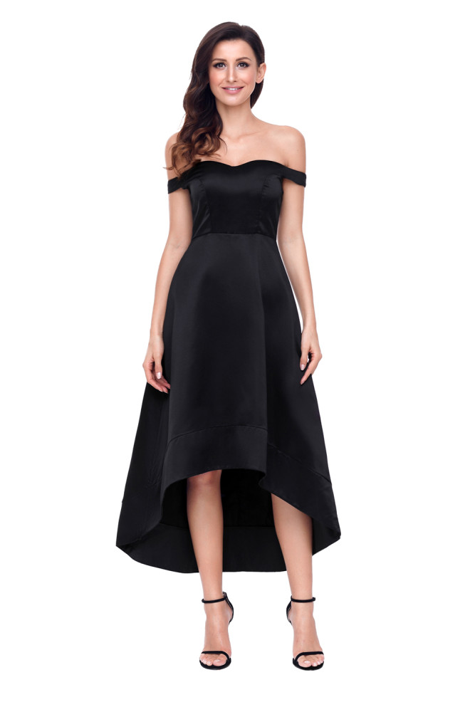 Black High-shine High-low Party Evening Dress
