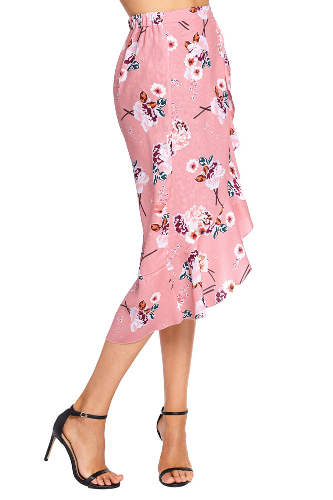 Floral Ruffle Wrap Skirt in Pink