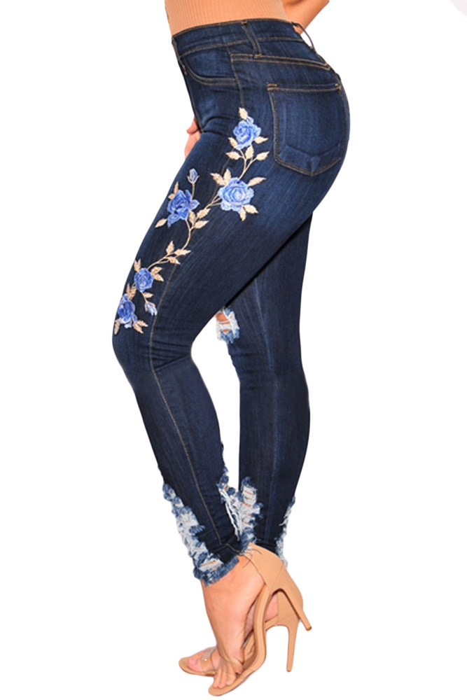 Dark Denim Embroidered Floral Destroyed High Waist Skinny Jeans