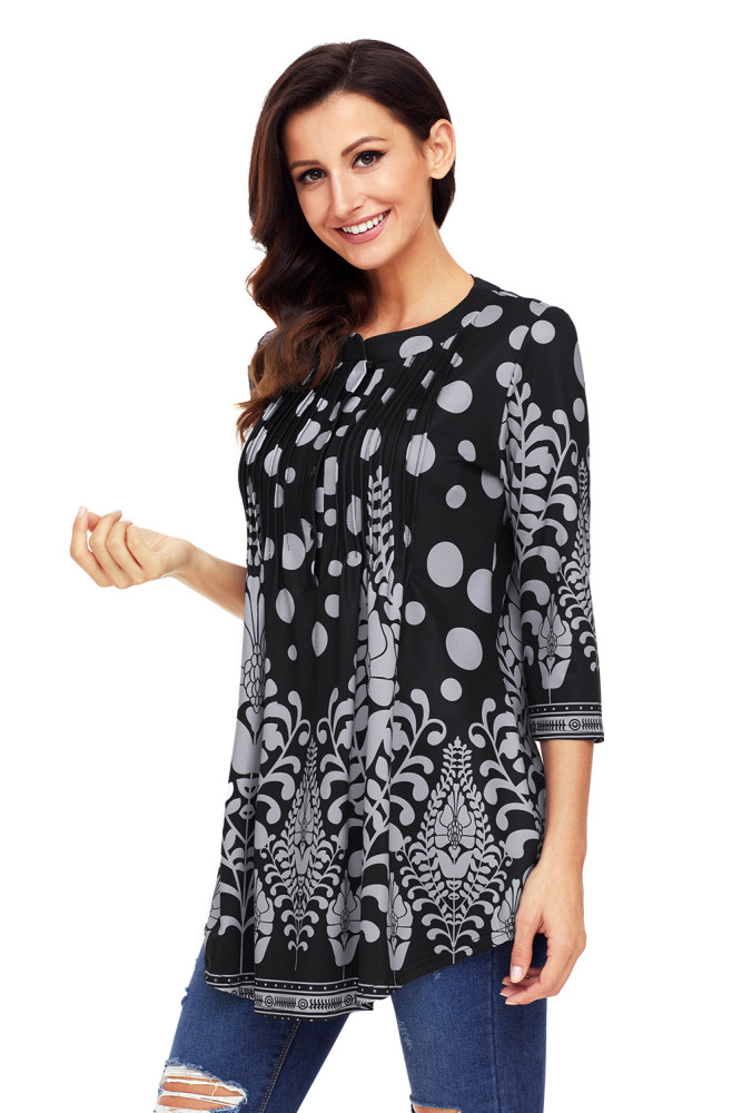 Black Grey Floral Print Flowy Blouse