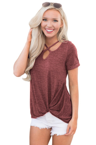 Russet Red Cross Neck Knotted Hem Blouse Top