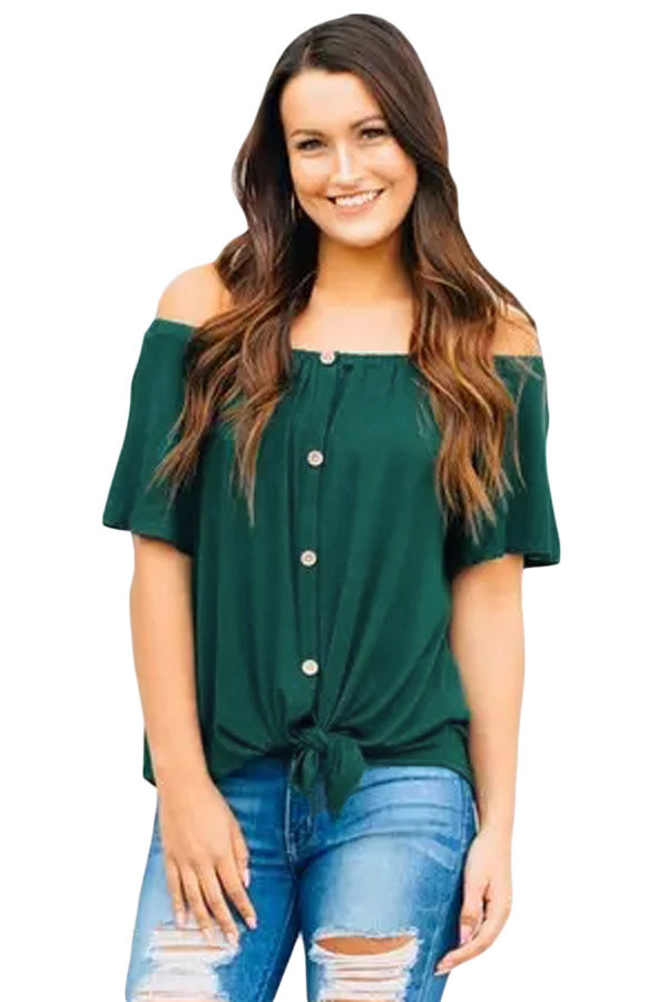 Green Off the Shoulder Button Top
