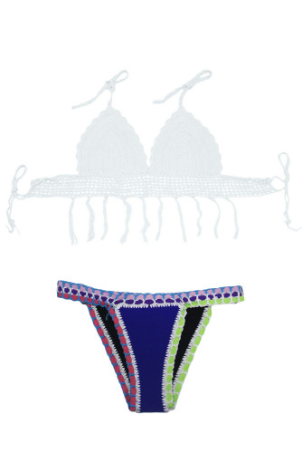 White Crochet Bikini Top Navy Neoprene Bottom