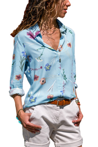 Light Blue Long Sleeve Floral Print Button Front Shirt