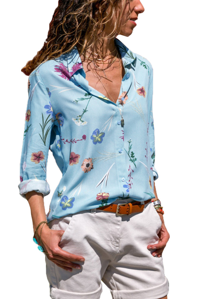 Light Blue Long Sleeve Floral Print Button Front Shirt