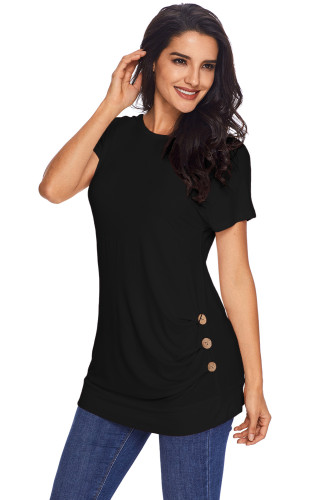 Side Button Detail Black Short Sleeve Shirt