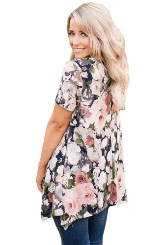 Watercolor Floral Irregular Hem Short Sleeve Blouse