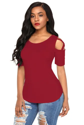 Burgundy Crisscross Cold Shoulder Short Sleeve Shirt