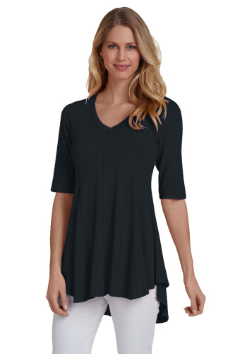 Black Half Sleeve V Neck A-Line Top