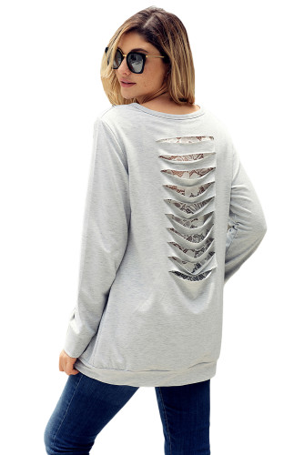 Lace Cutout Insert Light Grey Long Sleeve Sweatshirt
