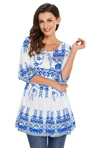 Blue Mottled Leaf Print White Elegant Long Top