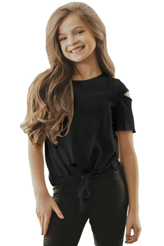 Black Cut Out Shoulder Tie Front Tee