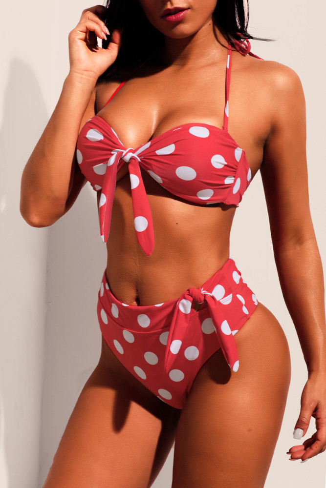Red White Polka Dot Print Bow Tie Halter Bikini Set