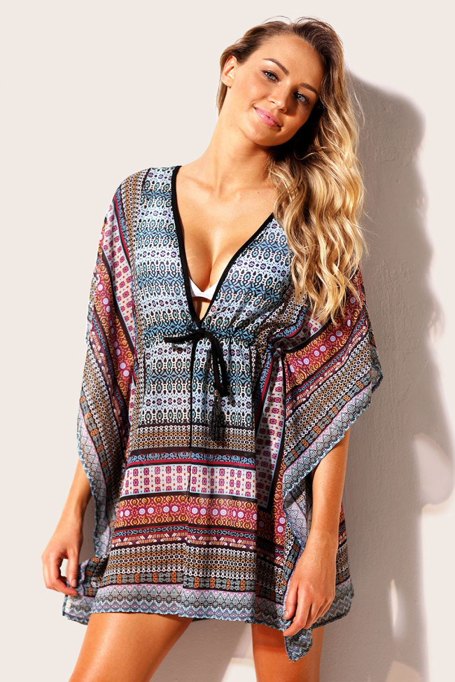 Blue Multicolor Bohemian Print Caftan Cover-up