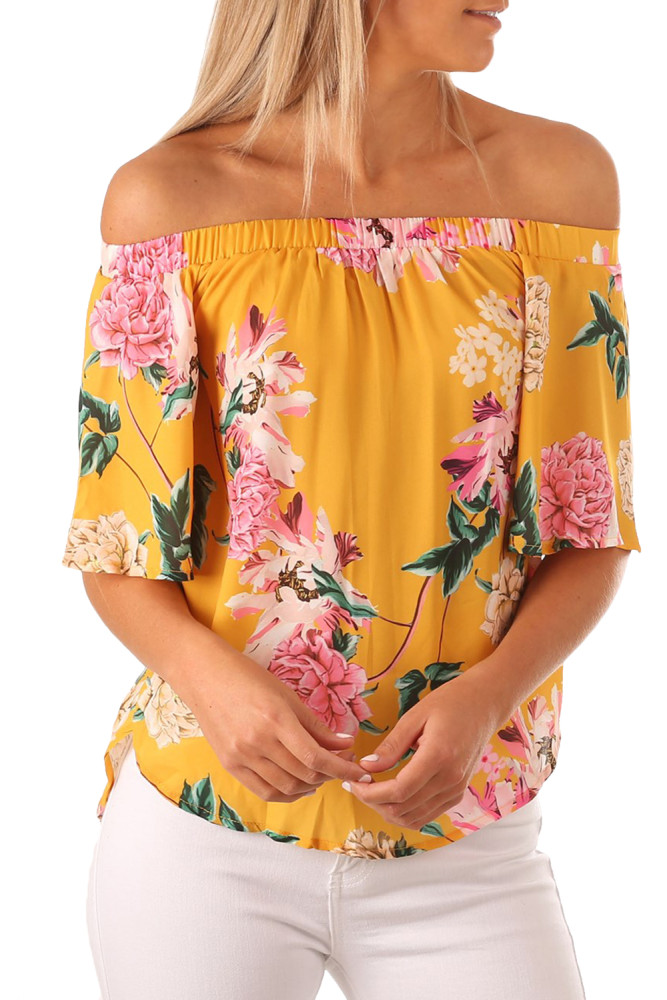 Yellow Floral Print Half Sleeve Off Shoulder Blouse