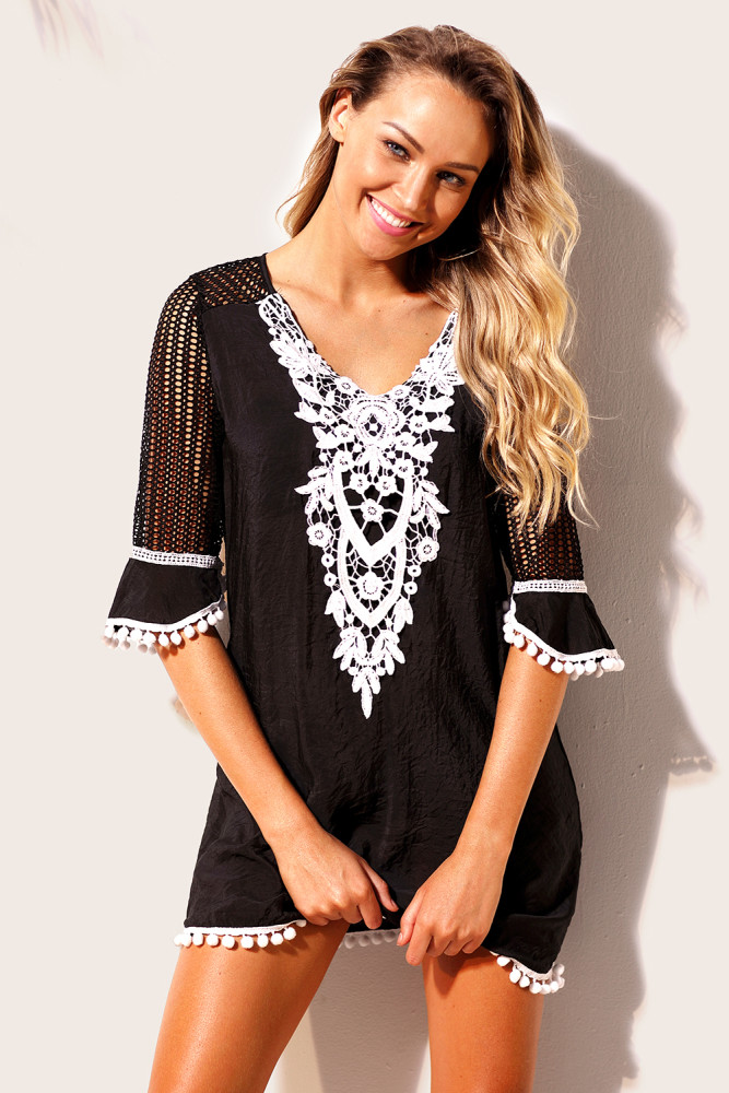 Black Crochet Pom Pom Trim Beach Tunic Cover up