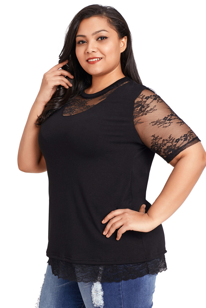 Floral Lace Splice Short Sleeve Plus Size Top